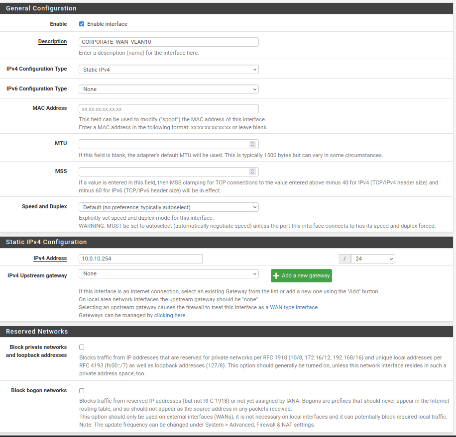 Network VLANs and interfaces