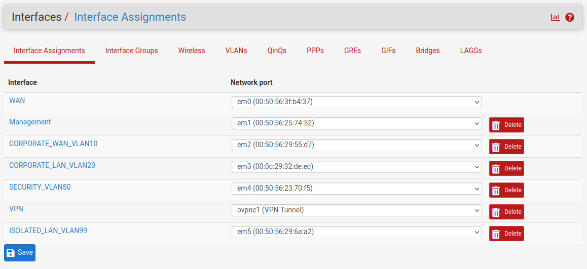 Network VLANs and interfaces